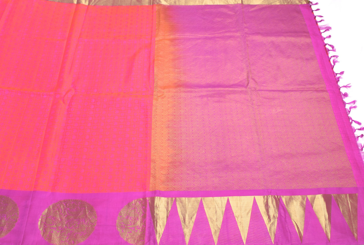 Sushila Vintage Pink Shot Orange Jacquard Pure Zari Kanjivaram Silk Saree Fabric