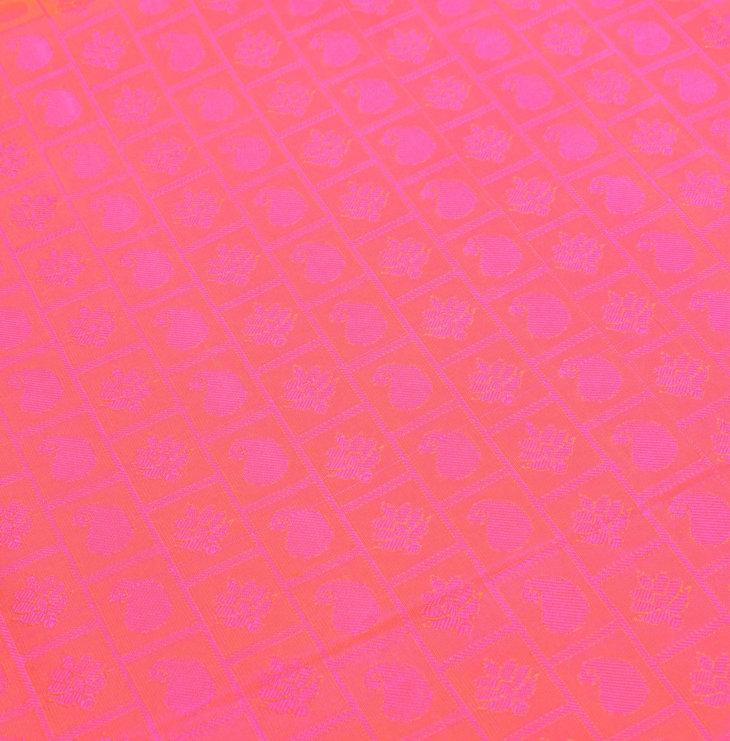 Sushila Vintage Pink Shot Orange Jacquard Pure Zari Kanjivaram Silk Saree Fabric