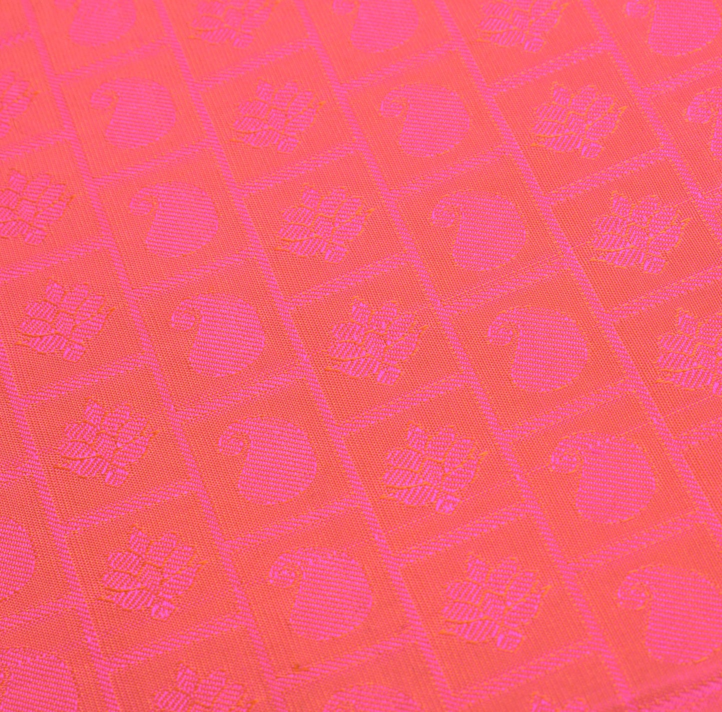 Sushila Vintage Pink Shot Orange Jacquard Pure Zari Kanjivaram Silk Saree Fabric