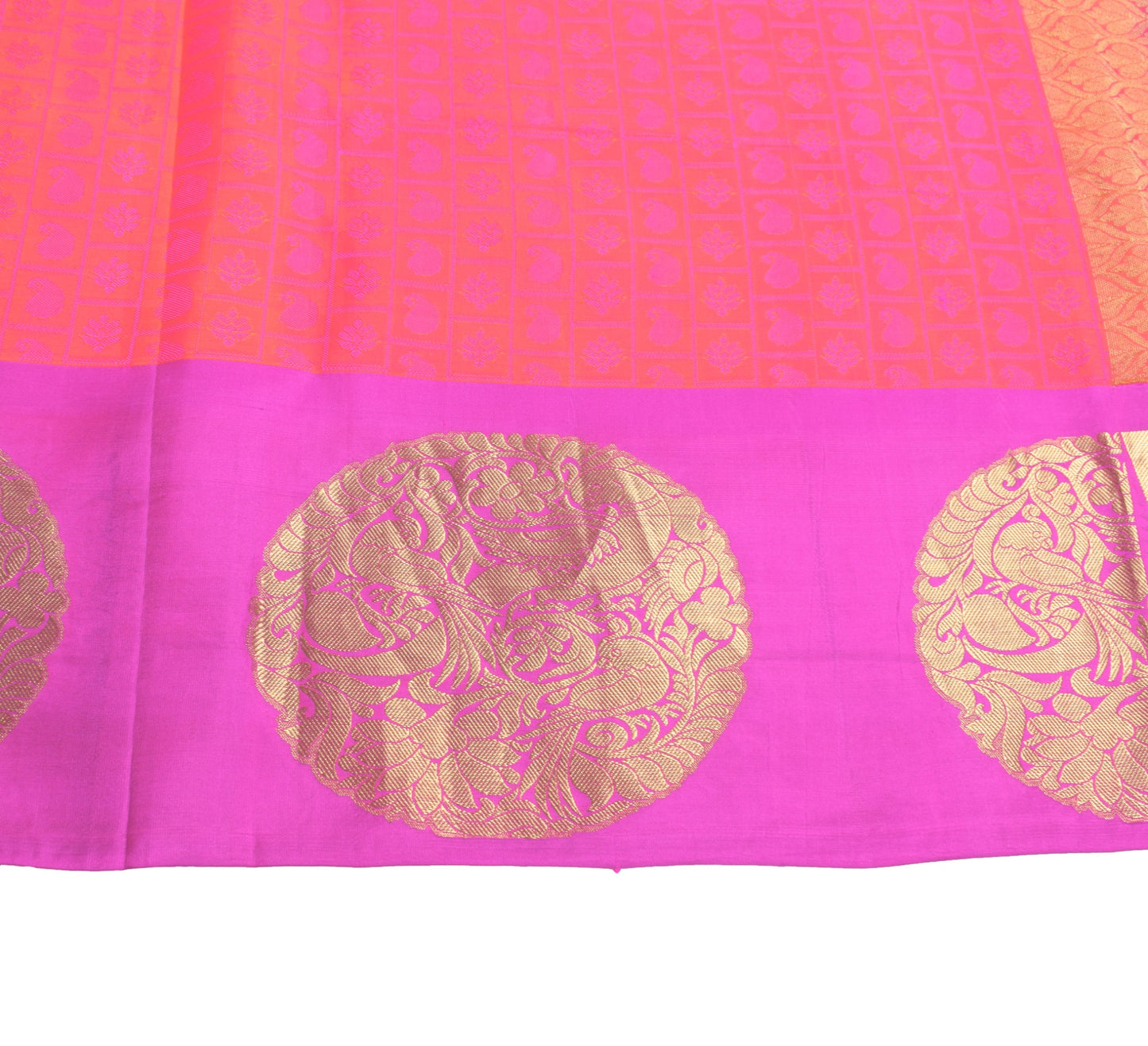 Sushila Vintage Pink Shot Orange Jacquard Pure Zari Kanjivaram Silk Saree Fabric