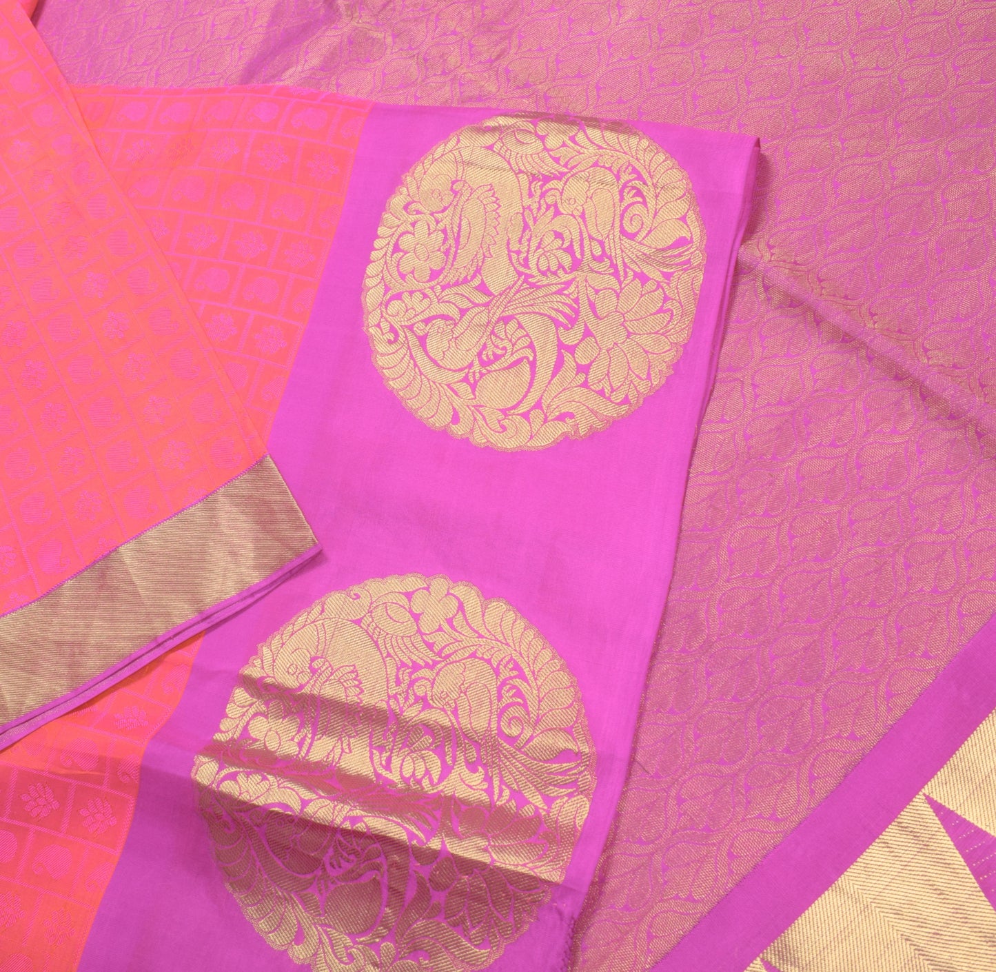 Sushila Vintage Pink Shot Orange Jacquard Pure Zari Kanjivaram Silk Saree Fabric