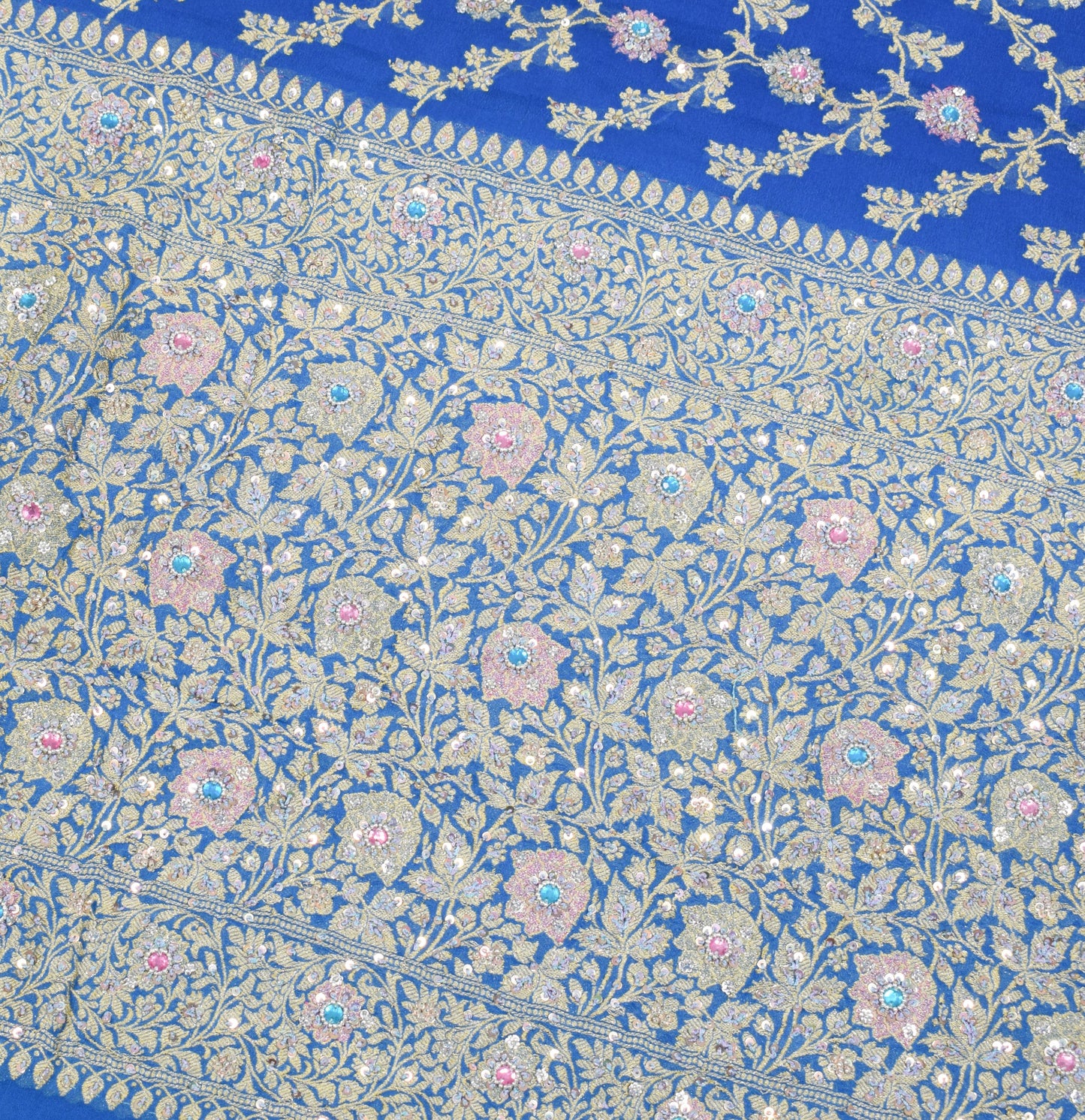 Sushila Vintage Royal Blue Sari Banarasi Khaddi Georgette Hand Embroidery Saree