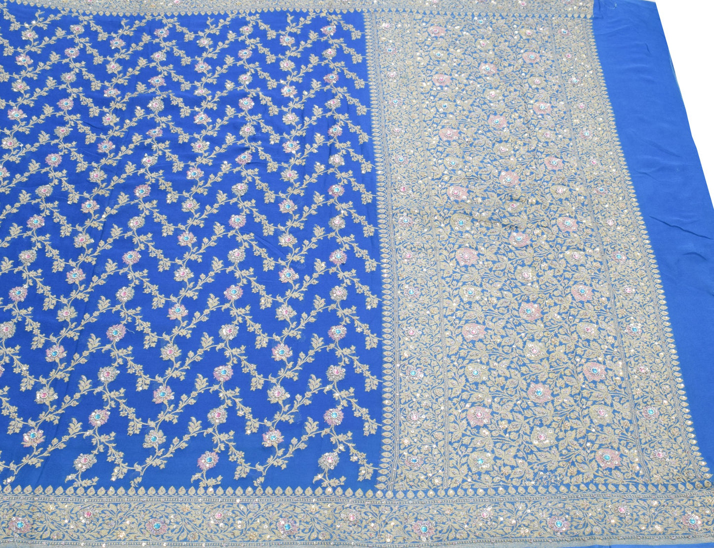 Sushila Vintage Royal Blue Sari Banarasi Khaddi Georgette Hand Embroidery Saree