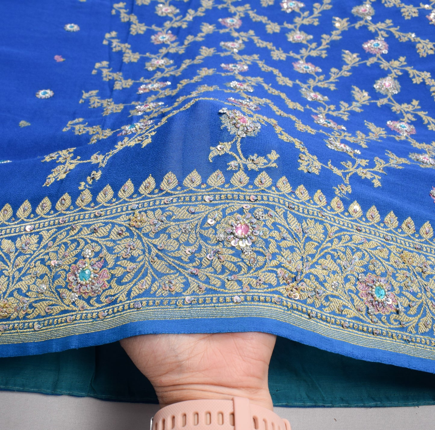Sushila Vintage Royal Blue Sari Banarasi Khaddi Georgette Hand Embroidery Saree