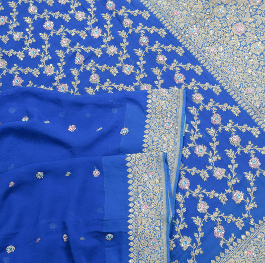 Sushila Vintage Royal Blue Sari Banarasi Khaddi Georgette Hand Embroidery Saree