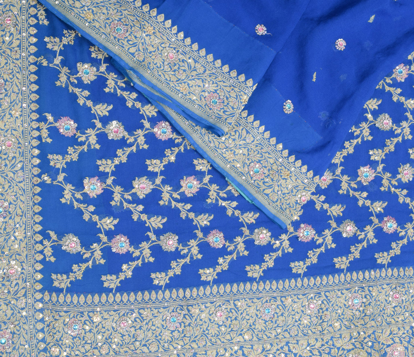 Sushila Vintage Royal Blue Sari Banarasi Khaddi Georgette Hand Embroidery Saree