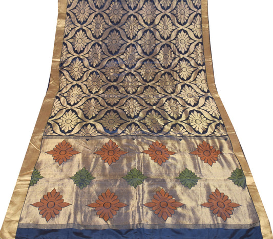 Sushila Vintage Navy Blue Gold Woven Saree Pure Banarasi Silk Yard Sari Fabric