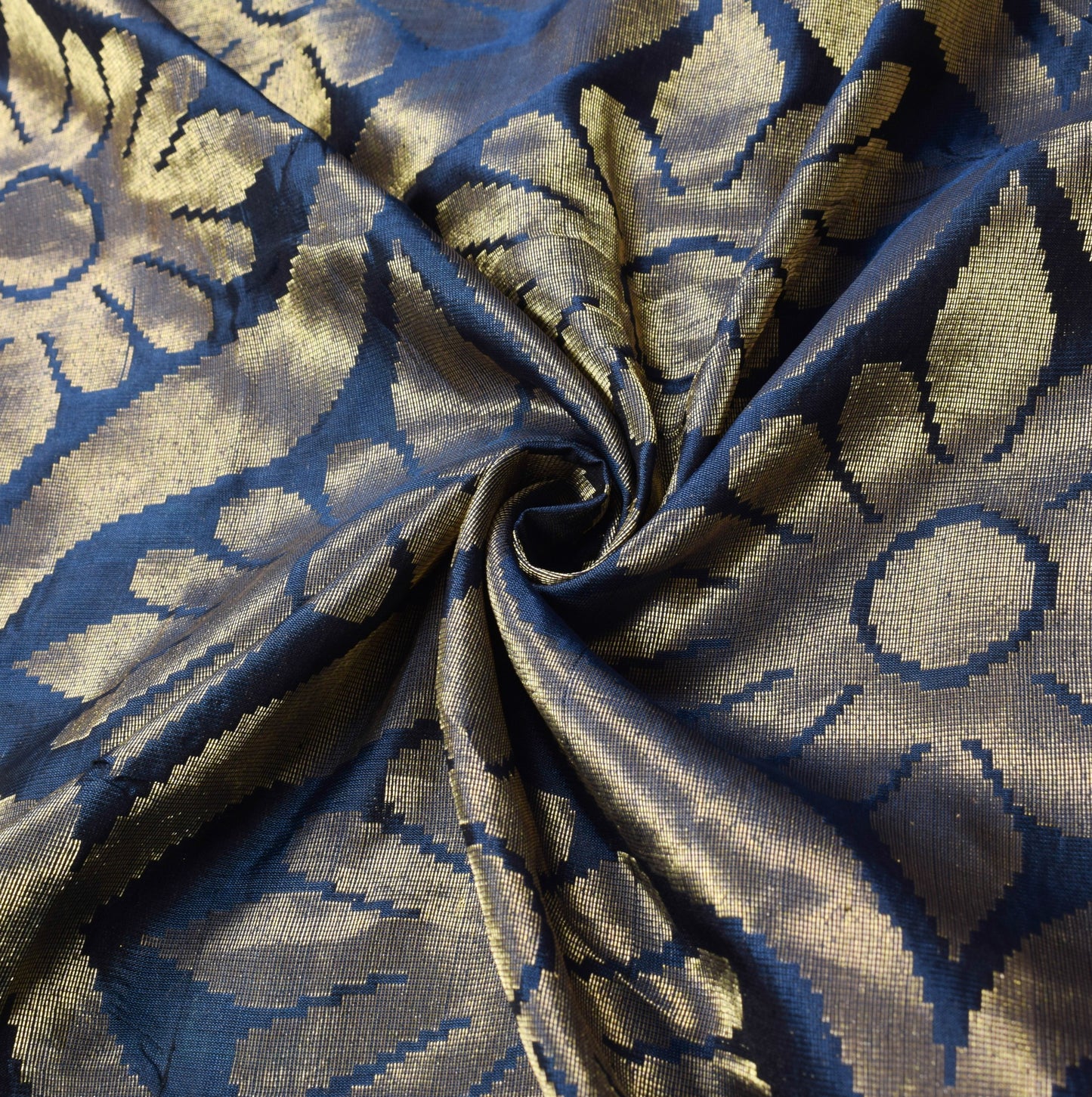 Sushila Vintage Navy Blue Gold Woven Saree Pure Banarasi Silk Yard Sari Fabric