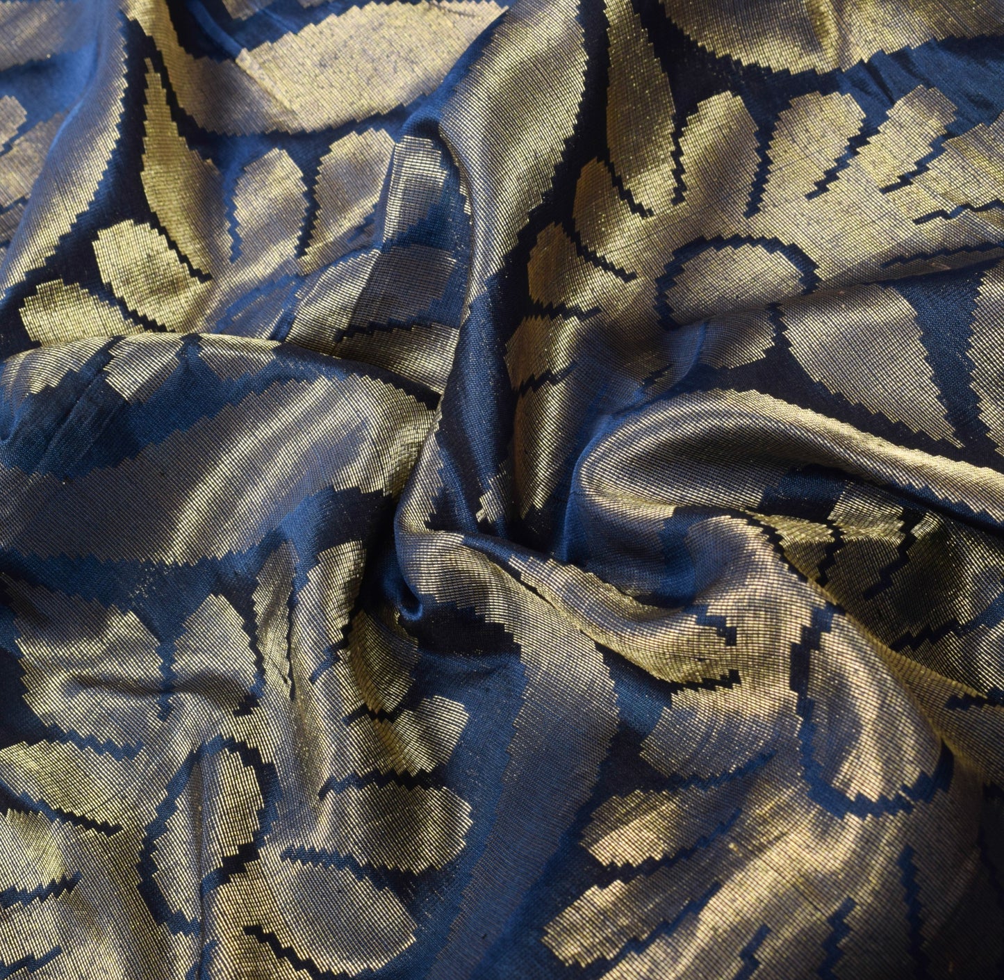 Sushila Vintage Navy Blue Gold Woven Saree Pure Banarasi Silk Yard Sari Fabric