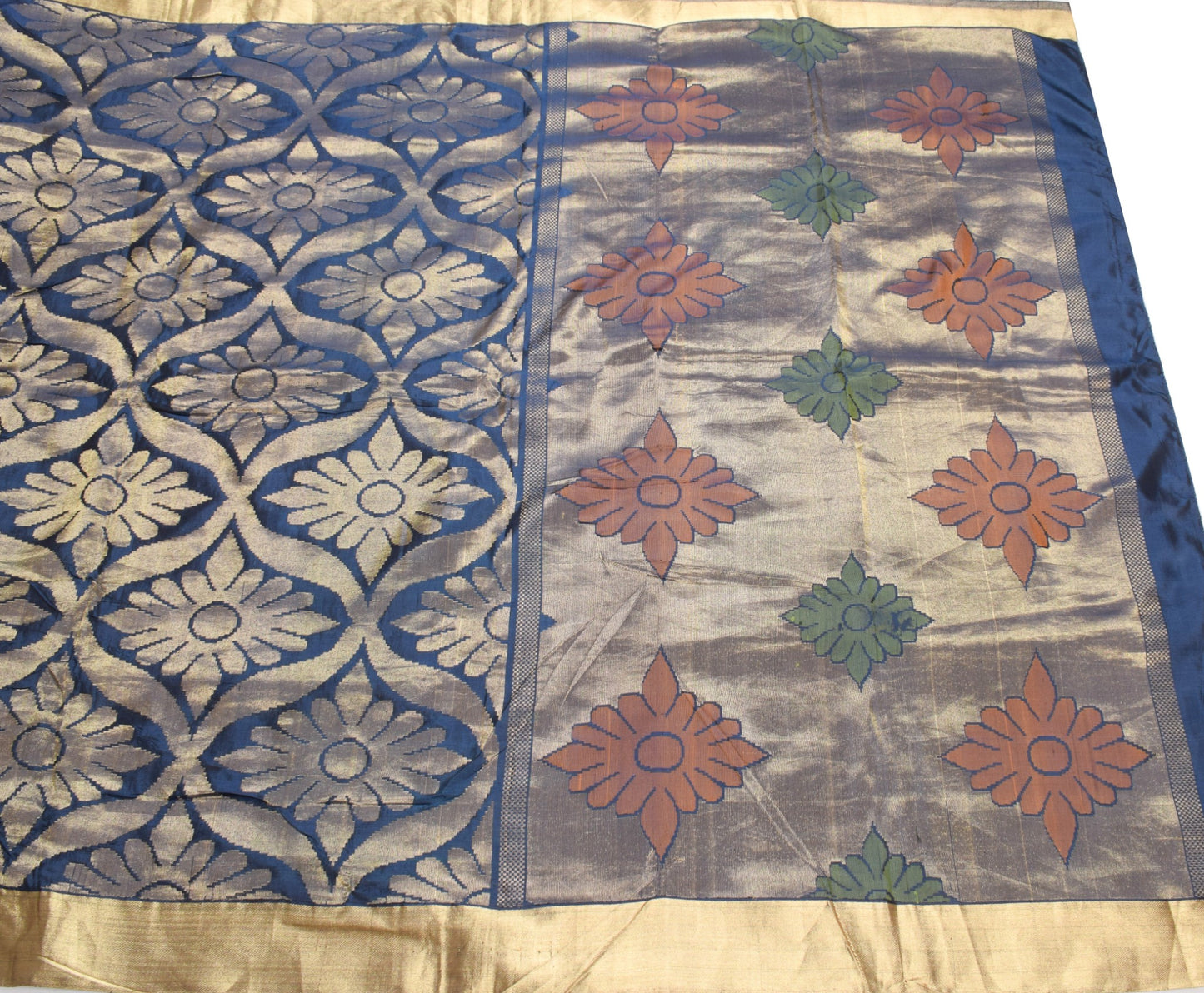 Sushila Vintage Navy Blue Gold Woven Saree Pure Banarasi Silk Yard Sari Fabric