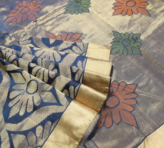 Sushila Vintage Navy Blue Gold Woven Saree Pure Banarasi Silk Yard Sari Fabric