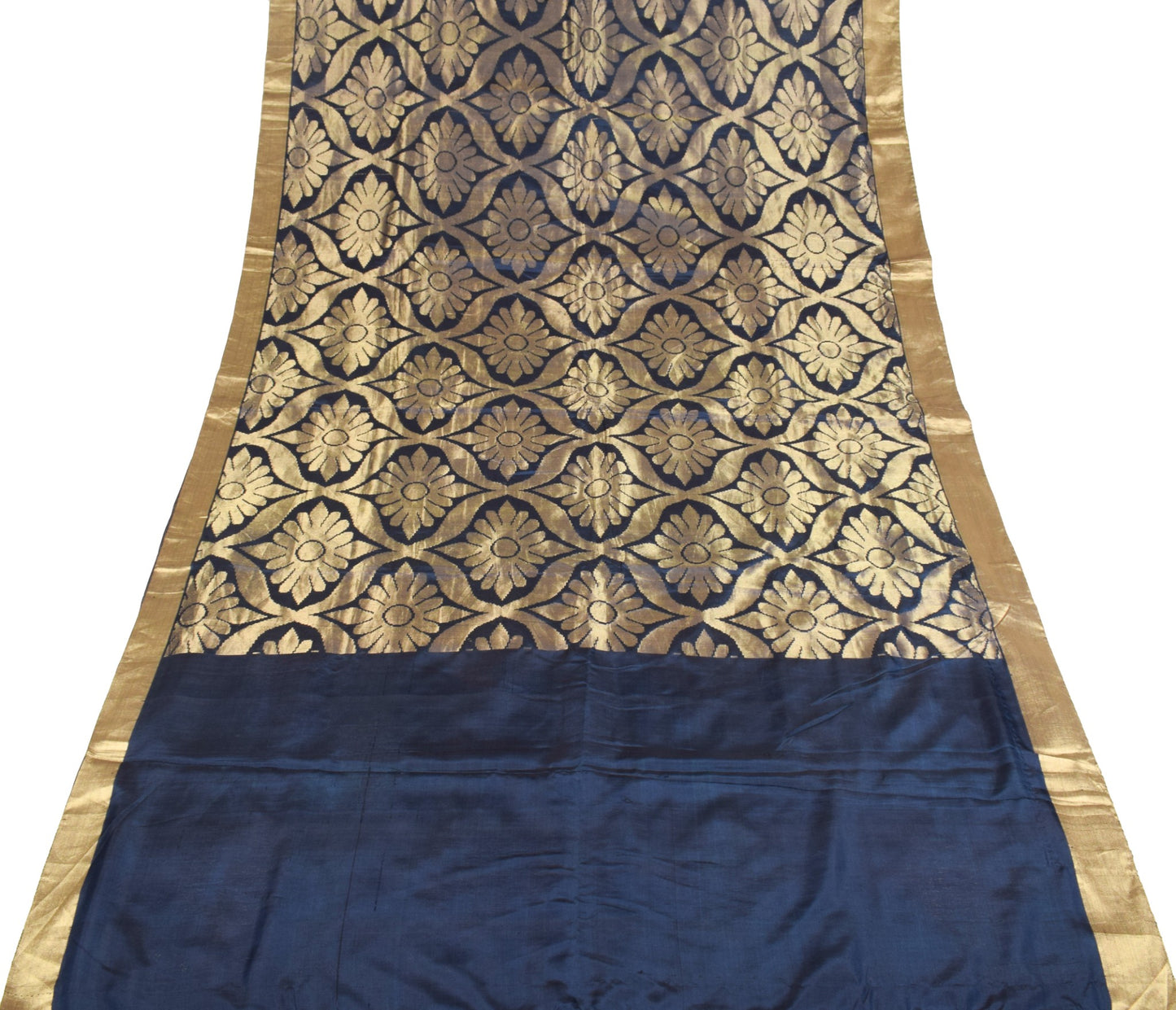 Sushila Vintage Navy Blue Gold Woven Saree Pure Banarasi Silk Yard Sari Fabric