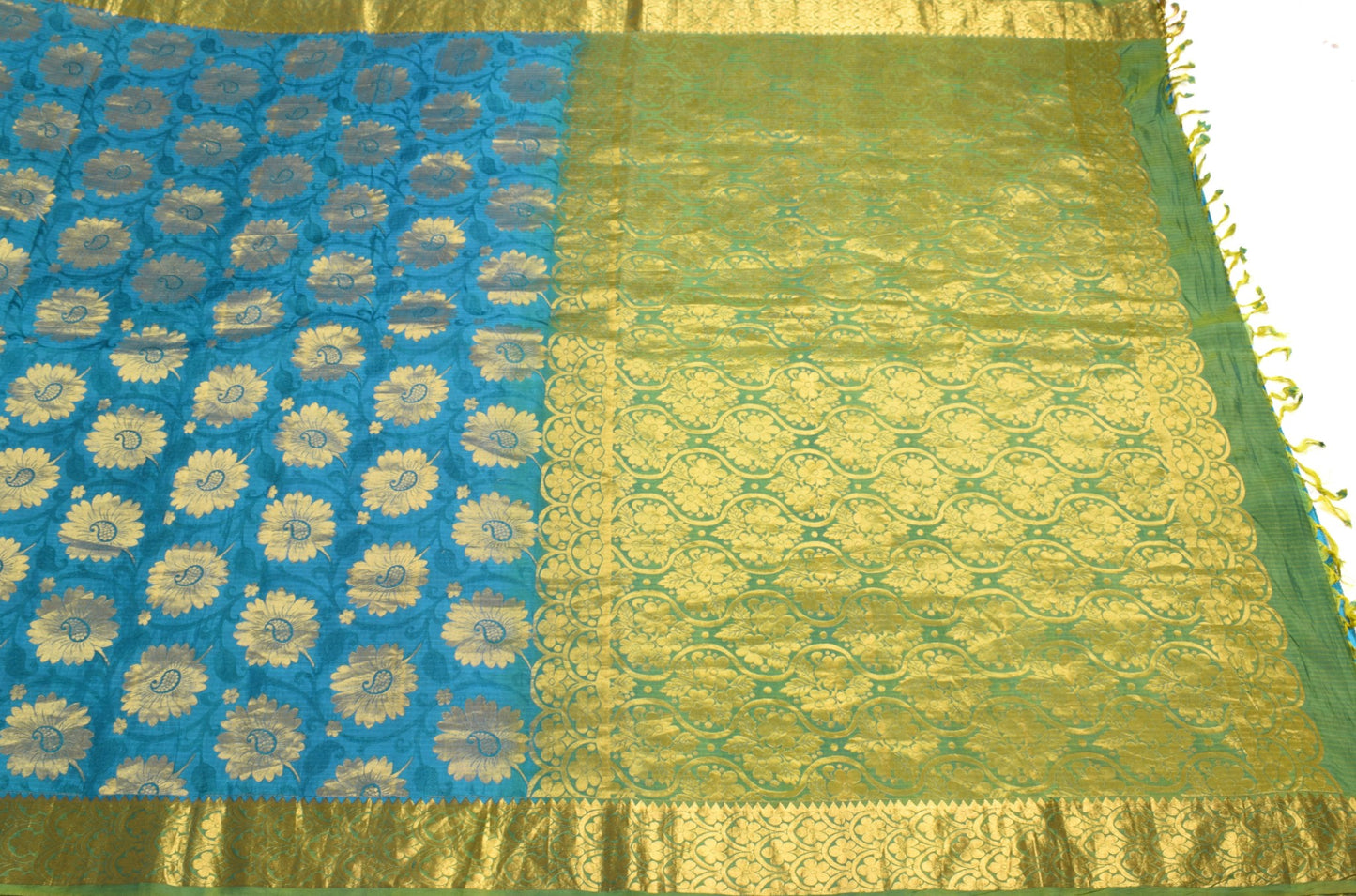 Sushila Vintage Turquoise Blue Kanjivaram Saree Pure Silk zari Woven Sari Fabric