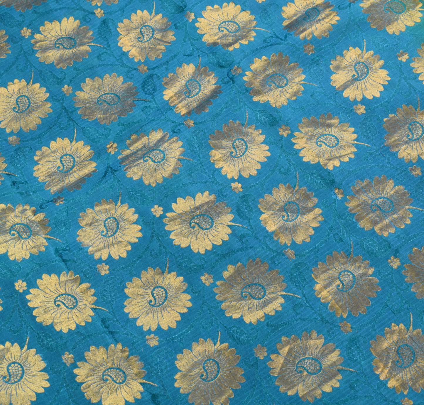 Sushila Vintage Turquoise Blue Kanjivaram Saree Pure Silk zari Woven Sari Fabric