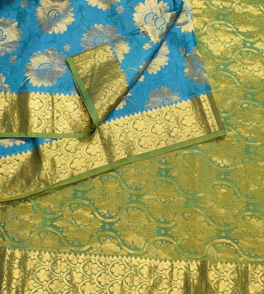 Sushila Vintage Turquoise Blue Kanjivaram Saree Pure Silk zari Woven Sari Fabric