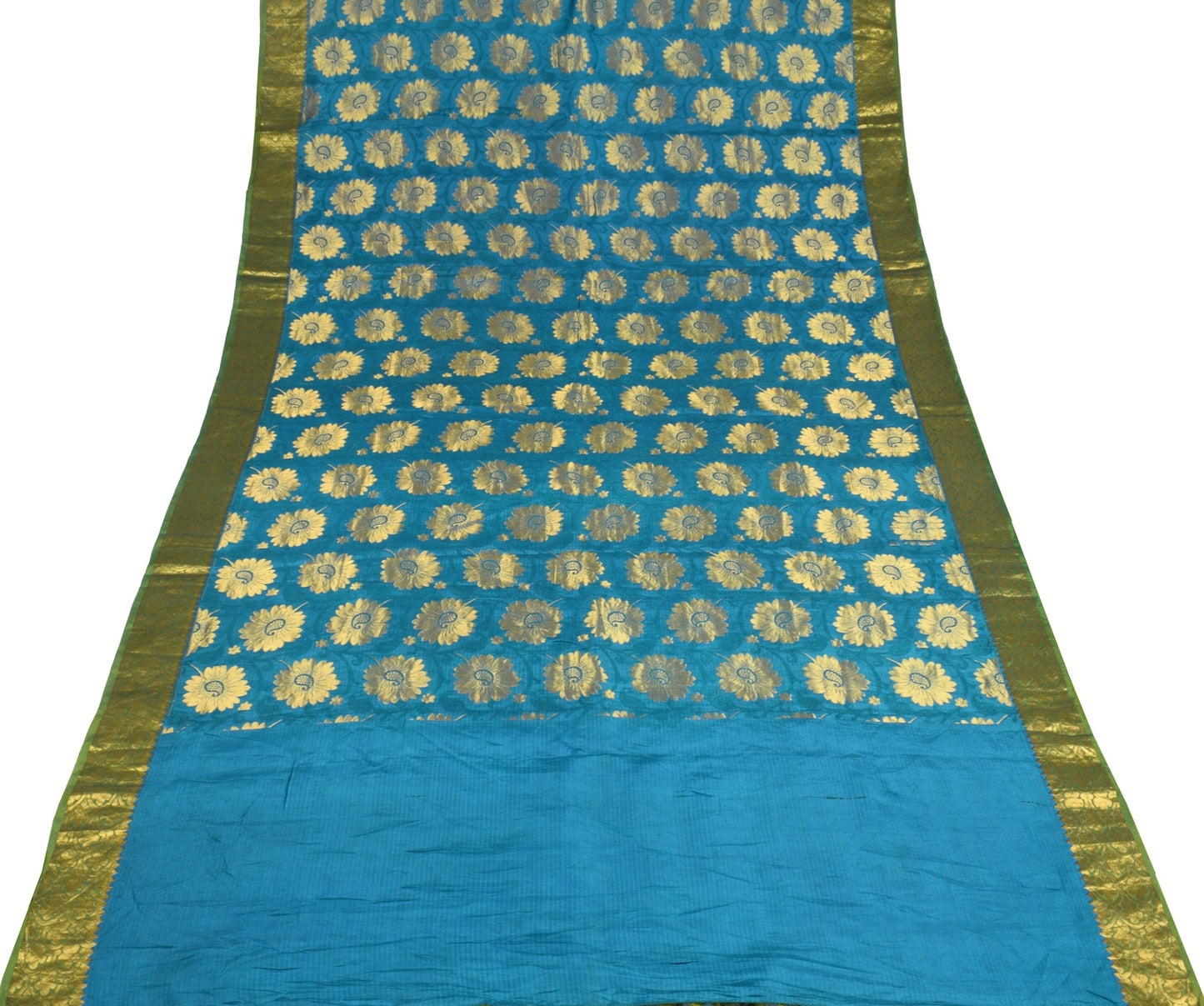 Sushila Vintage Turquoise Blue Kanjivaram Saree Pure Silk zari Woven Sari Fabric