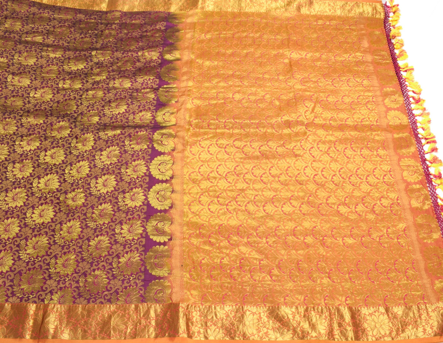Sushila Vintage Purple Gold Kanchipuram Saree Zari Woven Paisley Pure Silk Sari