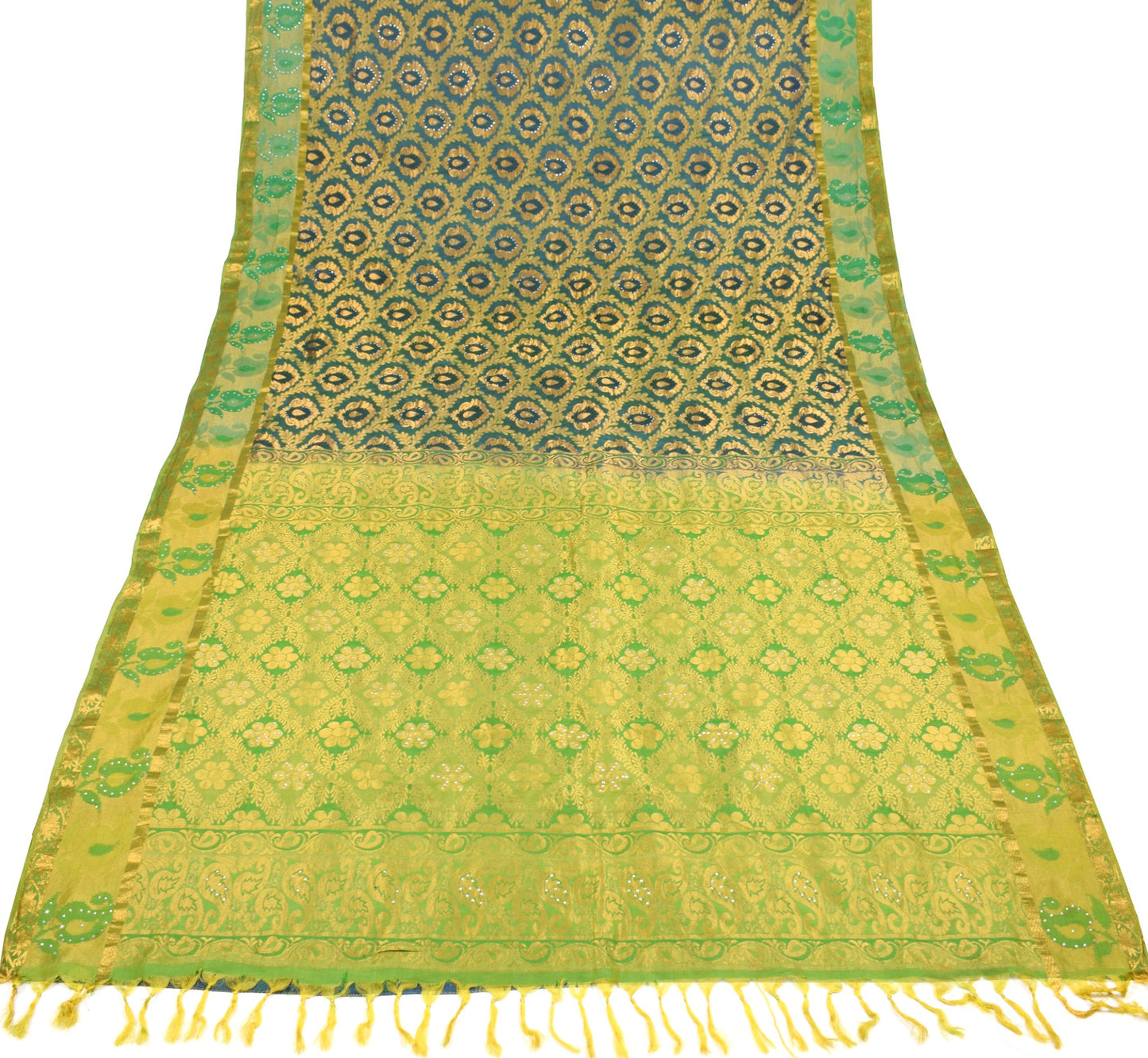Sushila Vintage Blue Green Kanjivaram Saree Saree Pure Silk Floral Sari Fabric
