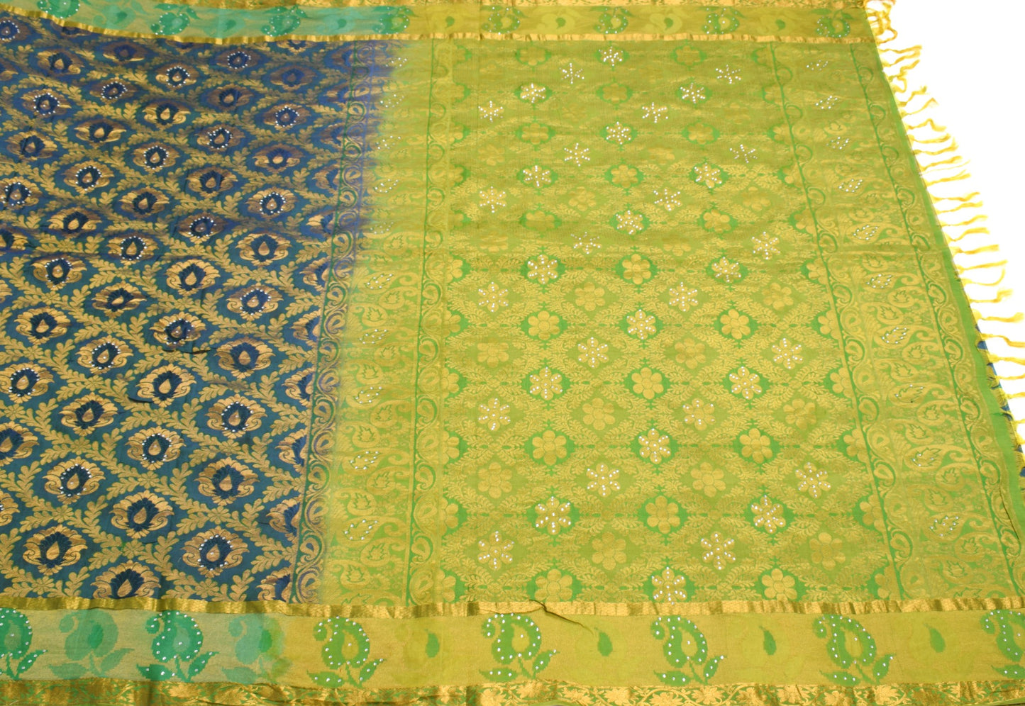 Sushila Vintage Blue Green Kanjivaram Saree Saree Pure Silk Floral Sari Fabric