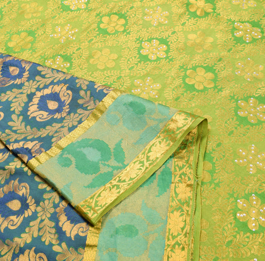 Sushila Vintage Blue Green Kanjivaram Saree Saree Pure Silk Floral Sari Fabric