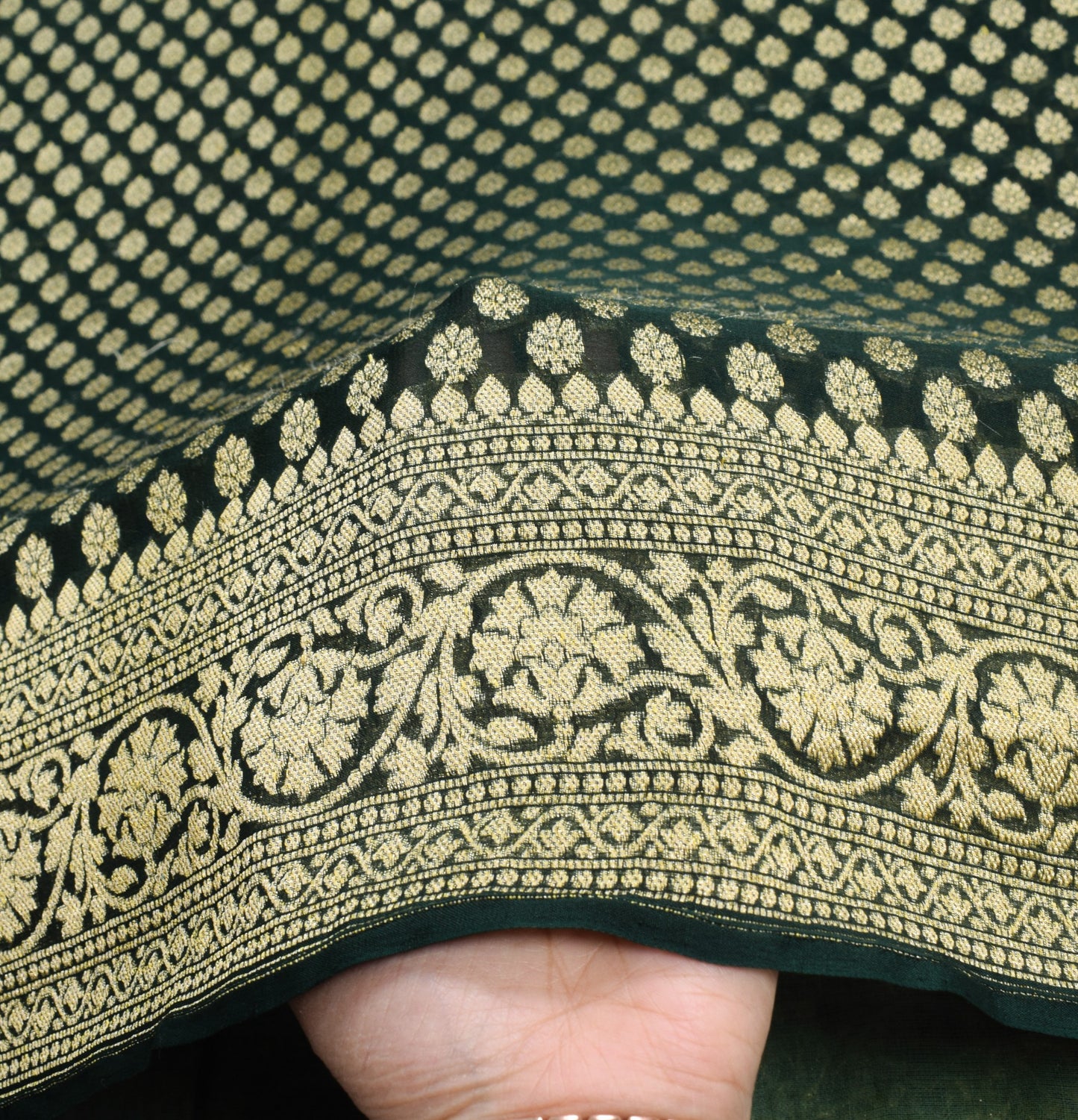 Sushila Vintage DarkGreen Saree Pure Khaddi Georgette Banarasi HEAVY Sari Fabric