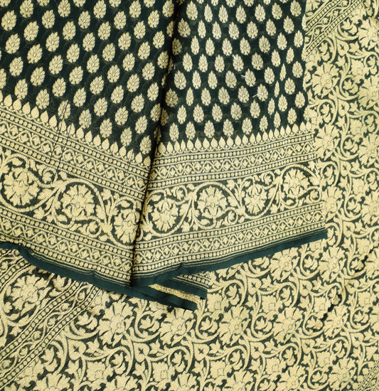 Sushila Vintage DarkGreen Saree Pure Khaddi Georgette Banarasi HEAVY Sari Fabric