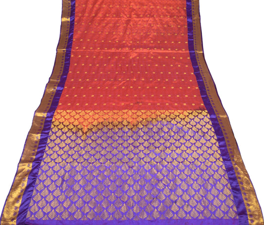 Sushila Vintage Art Kanchipuram Silk Saree Gold Zari Border lotus Orange Sari