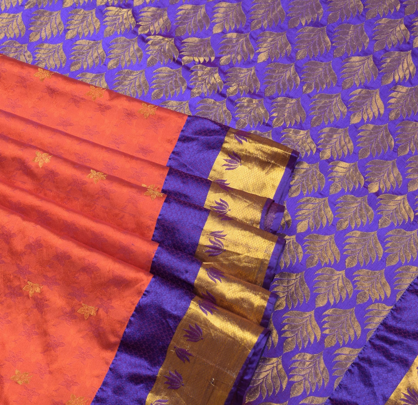 Sushila Vintage Art Kanchipuram Silk Saree Gold Zari Border lotus Orange Sari