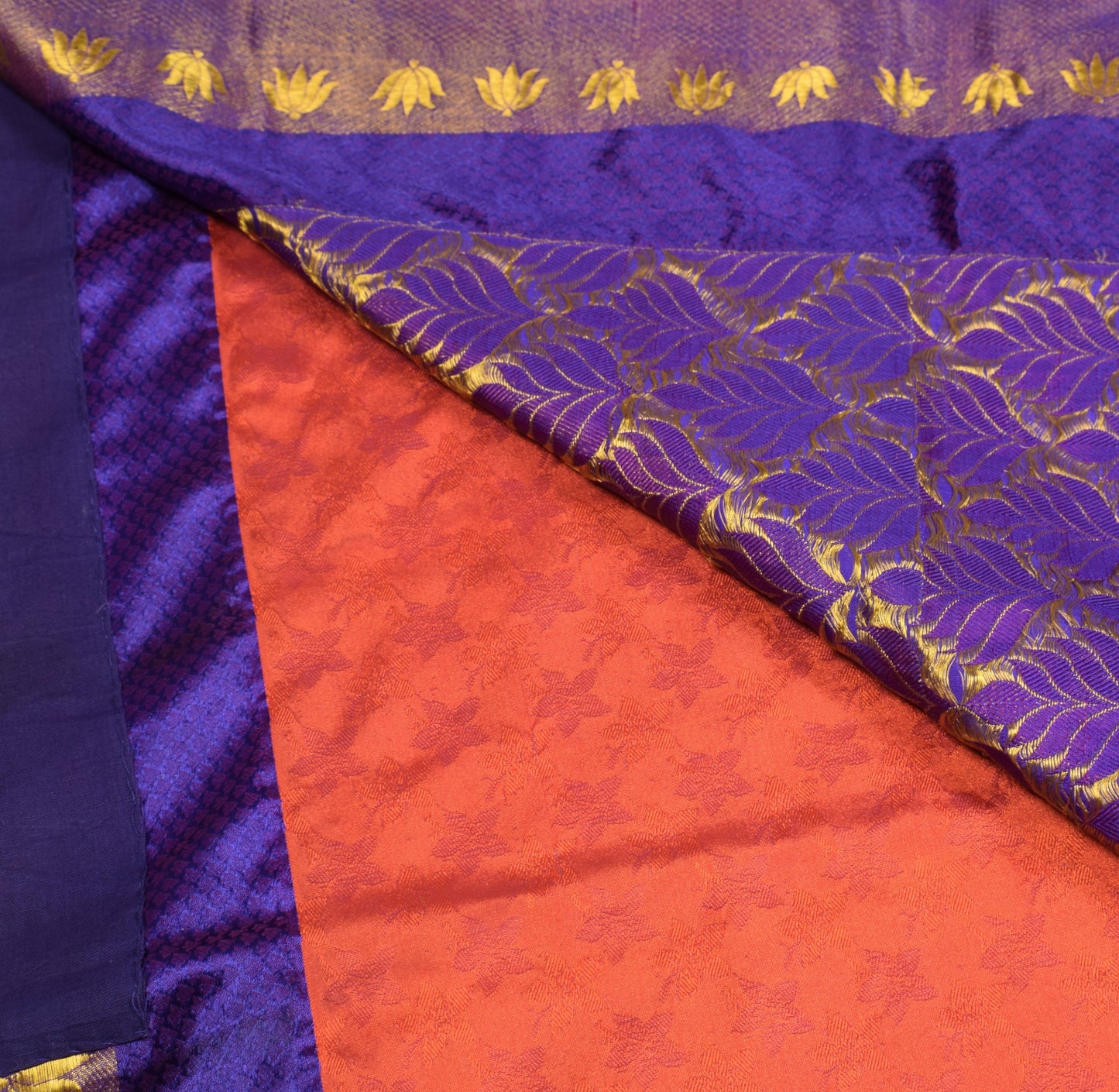 Sushila Vintage Art Kanchipuram Silk Saree Gold Zari Border lotus Orange Sari