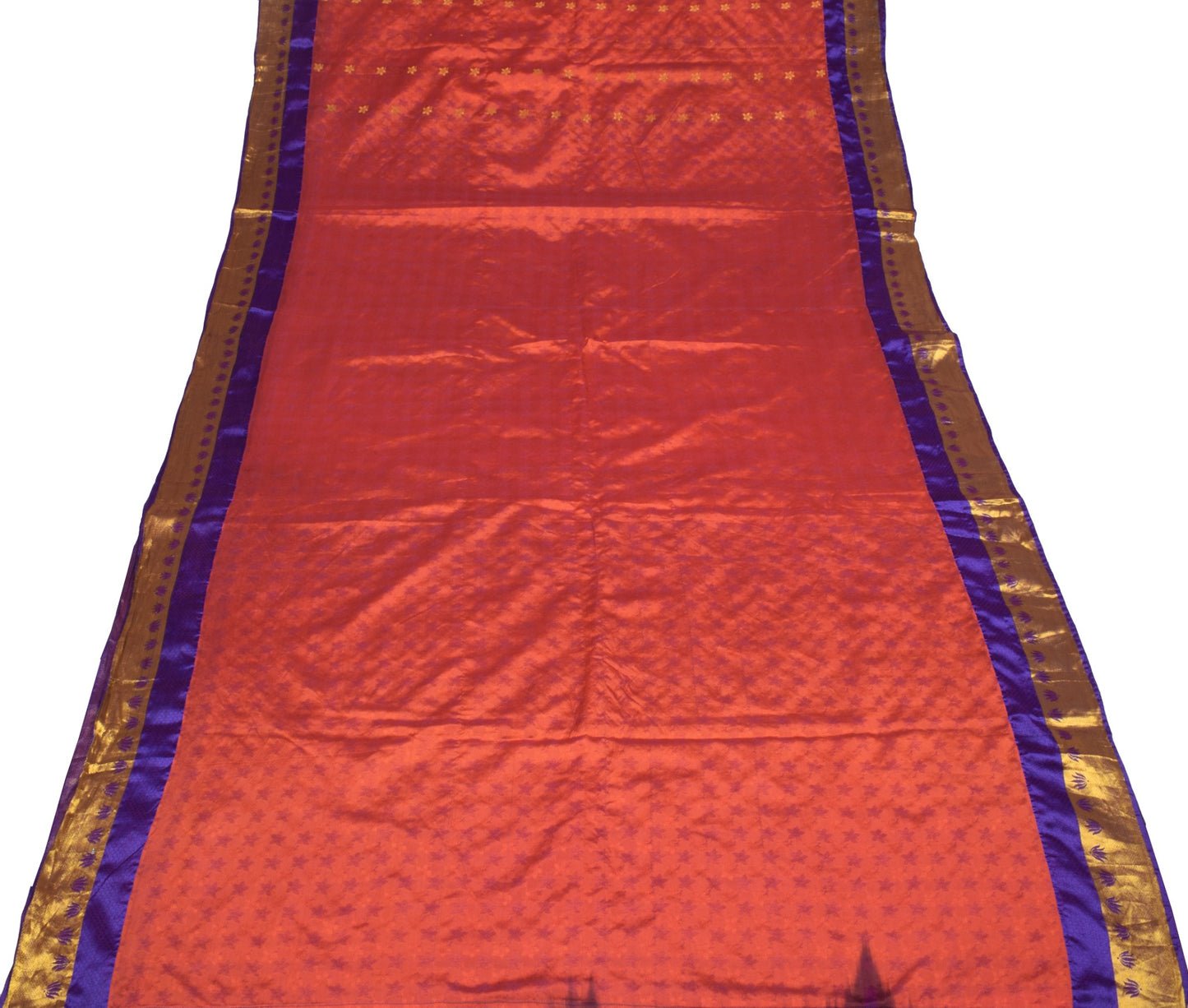 Sushila Vintage Art Kanchipuram Silk Saree Gold Zari Border lotus Orange Sari