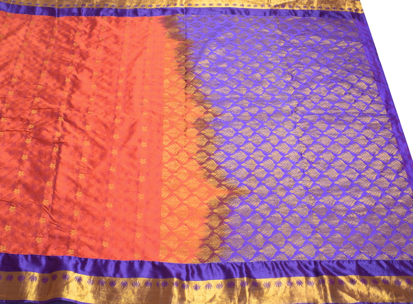 Sushila Vintage Art Kanchipuram Silk Saree Gold Zari Border lotus Orange Sari