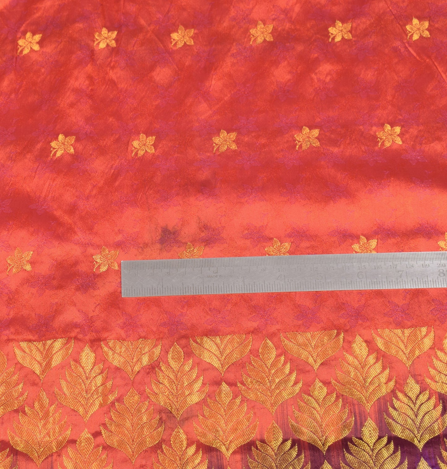 Sushila Vintage Art Kanchipuram Silk Saree Gold Zari Border lotus Orange Sari