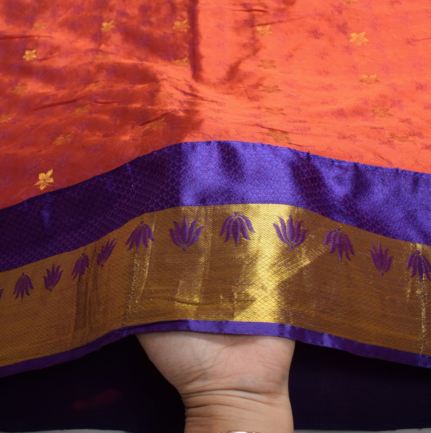 Sushila Vintage Art Kanchipuram Silk Saree Gold Zari Border lotus Orange Sari