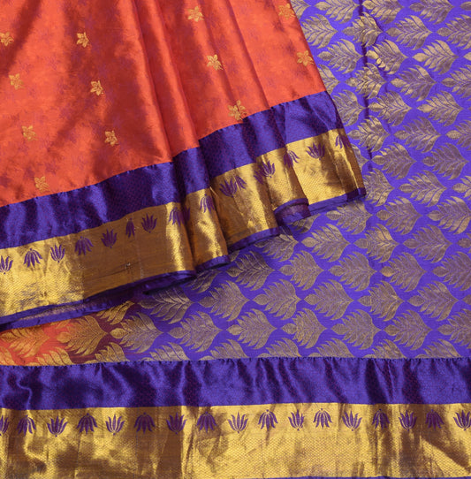 Sushila Vintage Art Kanchipuram Silk Saree Gold Zari Border lotus Orange Sari