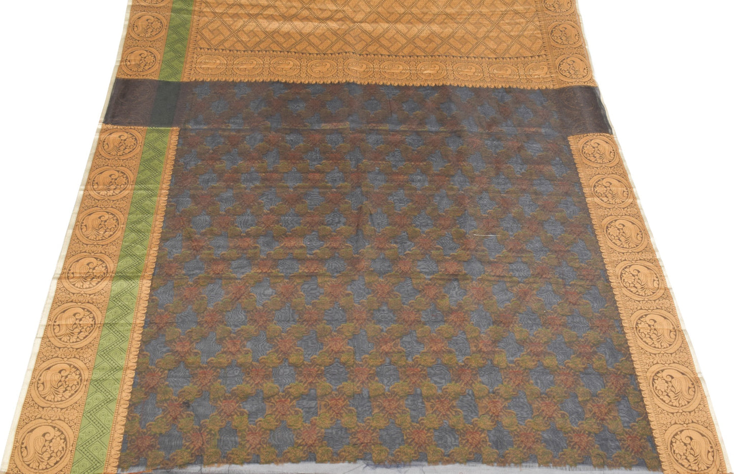 Sushila Vintage Black Leaves Saree All Over Woven Art Silk 6 Yard Sari Fabric