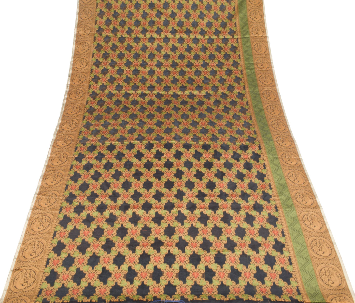 Sushila Vintage Black Leaves Saree All Over Woven Art Silk 6 Yard Sari Fabric