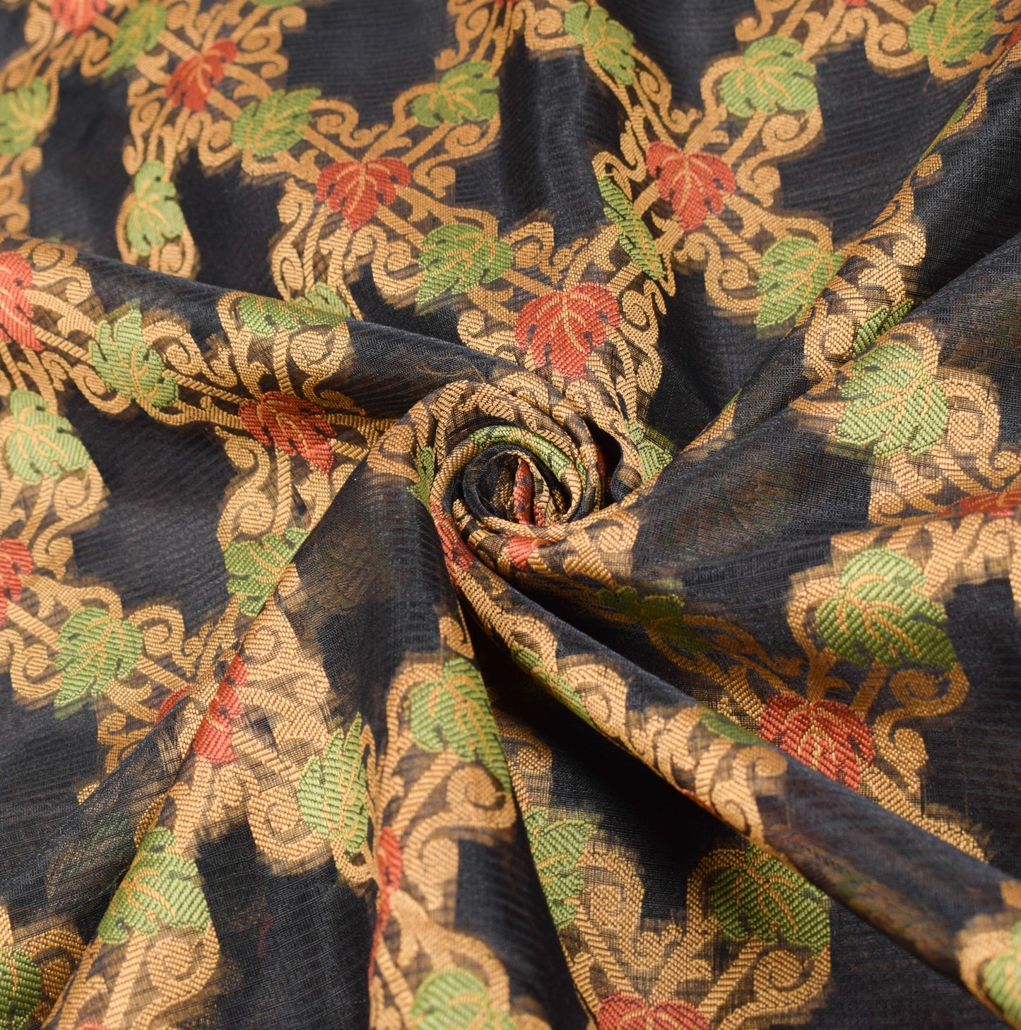 Sushila Vintage Black Leaves Saree All Over Woven Art Silk 6 Yard Sari Fabric