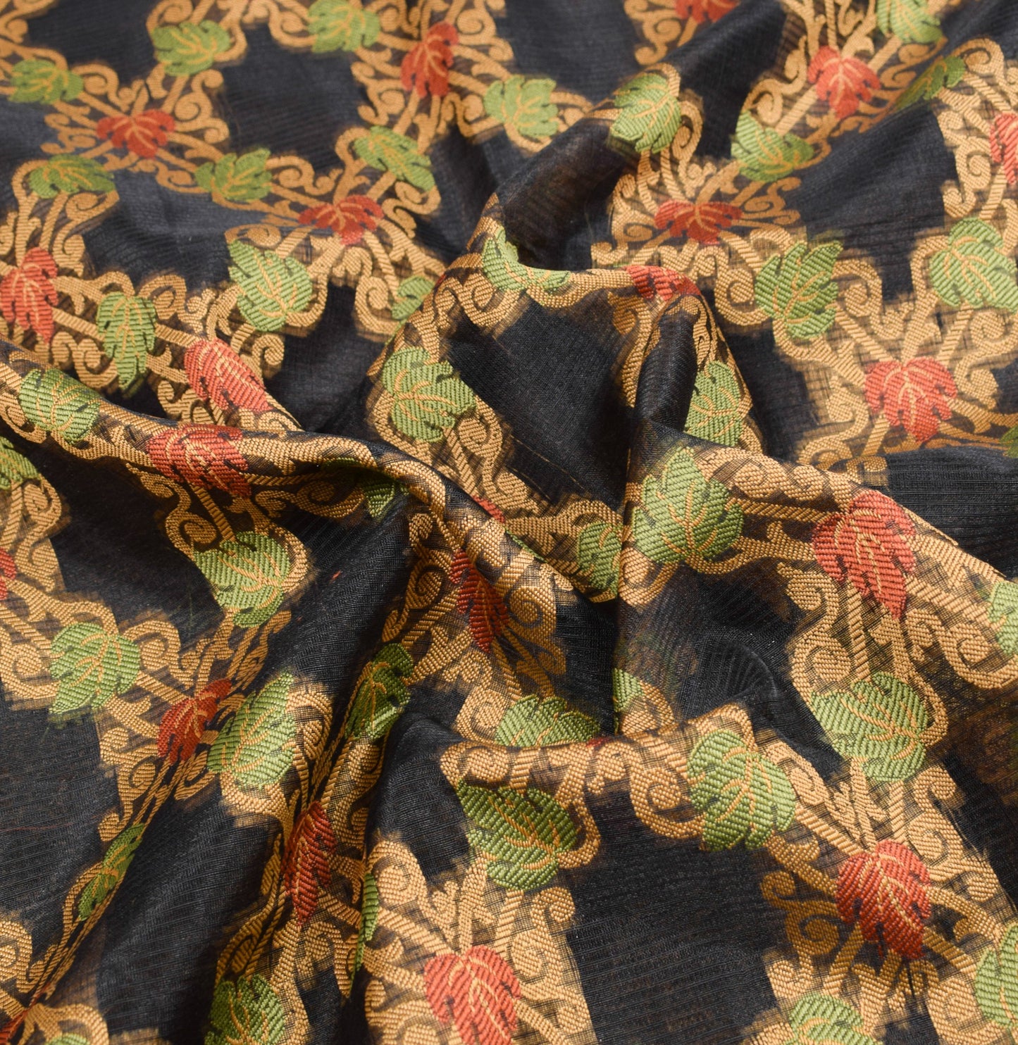 Sushila Vintage Black Leaves Saree All Over Woven Art Silk 6 Yard Sari Fabric