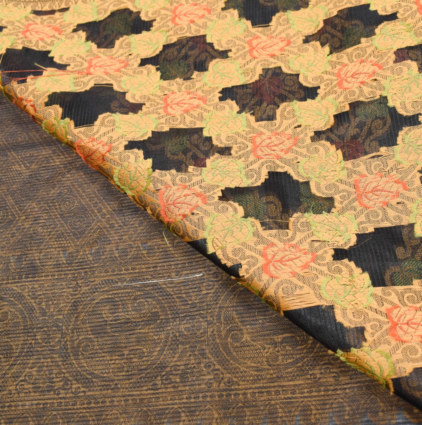 Sushila Vintage Black Leaves Saree All Over Woven Art Silk 6 Yard Sari Fabric