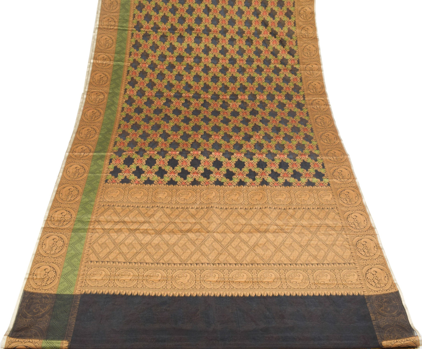 Sushila Vintage Black Leaves Saree All Over Woven Art Silk 6 Yard Sari Fabric