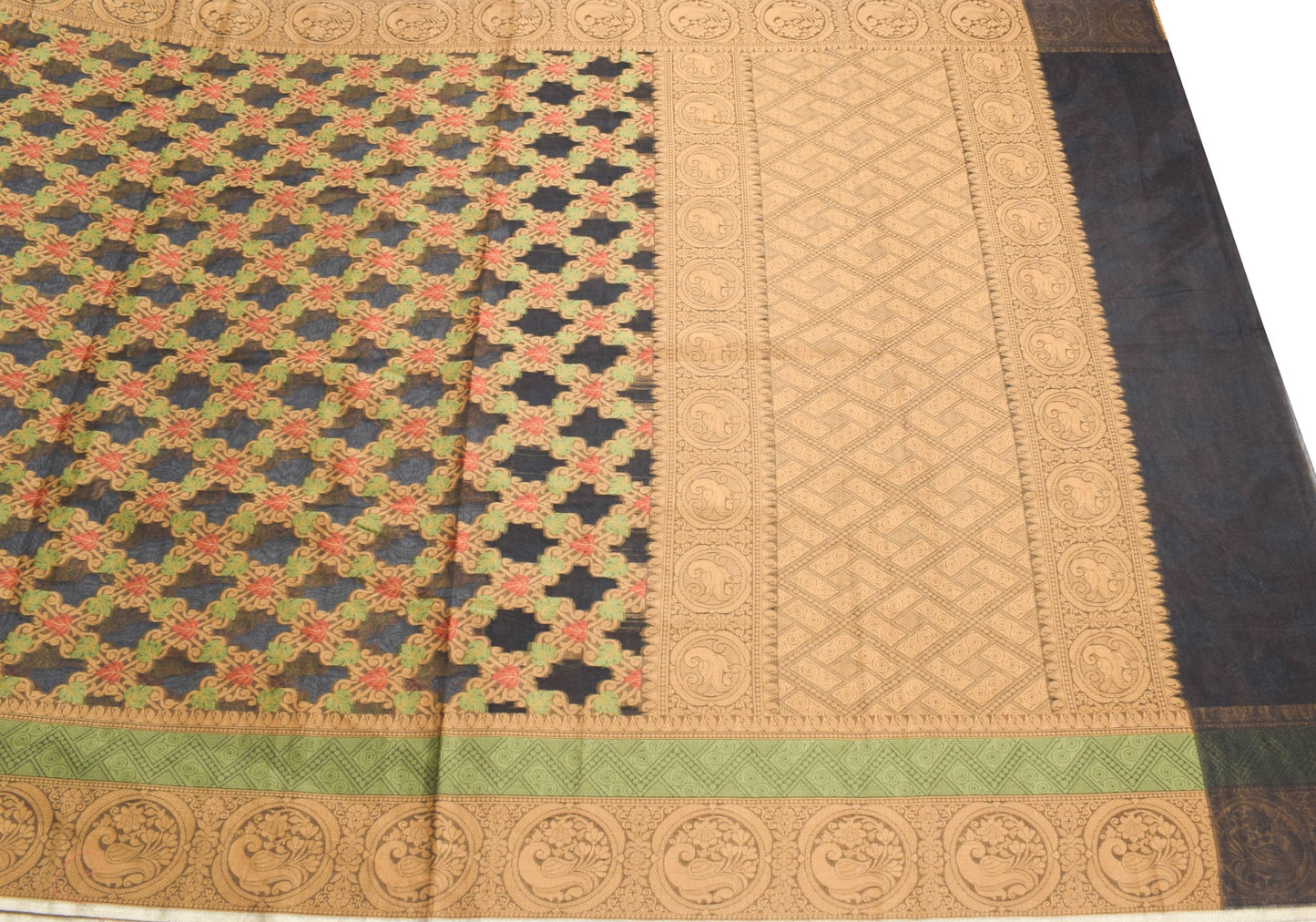 Sushila Vintage Black Leaves Saree All Over Woven Art Silk 6 Yard Sari Fabric