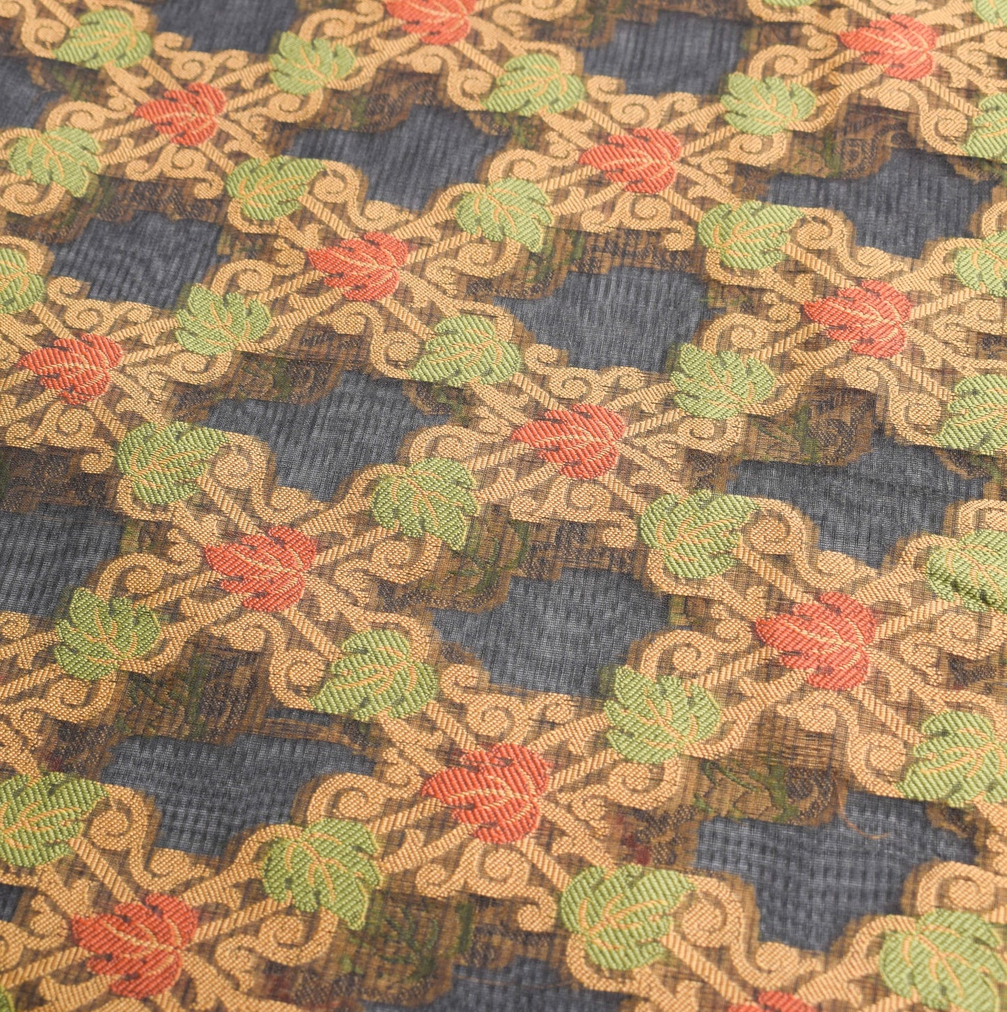Sushila Vintage Black Leaves Saree All Over Woven Art Silk 6 Yard Sari Fabric