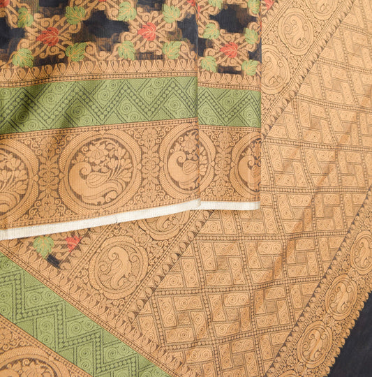 Sushila Vintage Black Leaves Saree All Over Woven Art Silk 6 Yard Sari Fabric