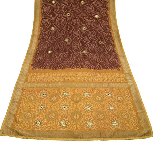 Sushila Vintage Bandhani Printed Saree Pure Cotton Dark Brown Sari Craft Fabric