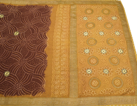 Sushila Vintage Bandhani Printed Saree Pure Cotton Dark Brown Sari Craft Fabric