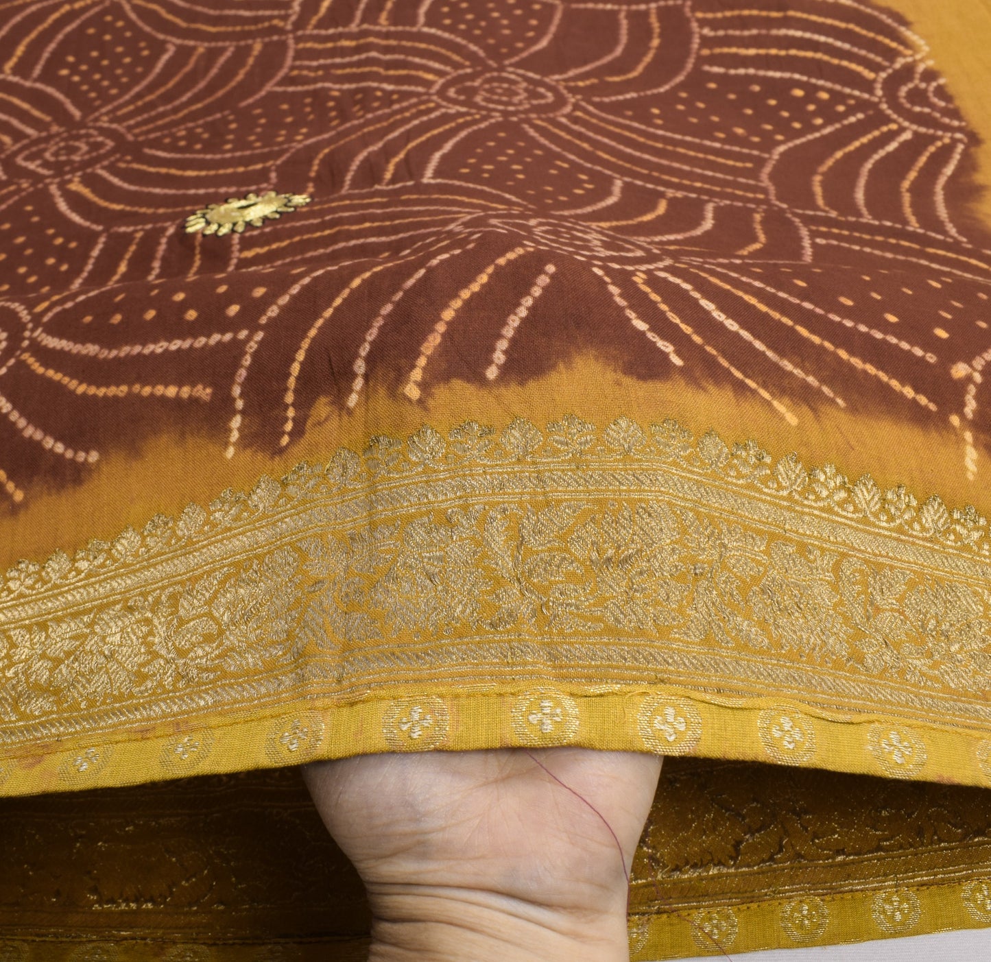 Sushila Vintage Bandhani Printed Saree Pure Cotton Dark Brown Sari Craft Fabric