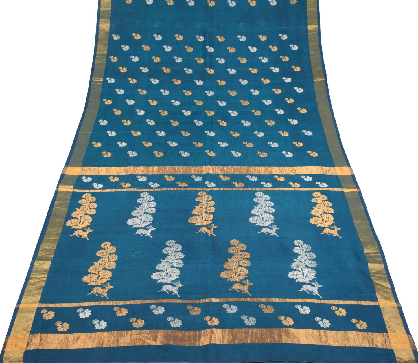 Sushila Vintage Blue Green Sari Sona Roopa Handloom Banarasi Pure Silk 6YD Saree