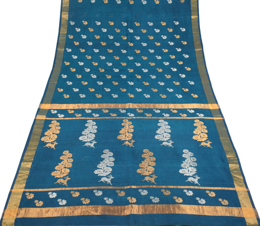 Sushila Vintage Blue Green Sari Sona Roopa Handloom Banarasi Pure Silk 6YD Saree