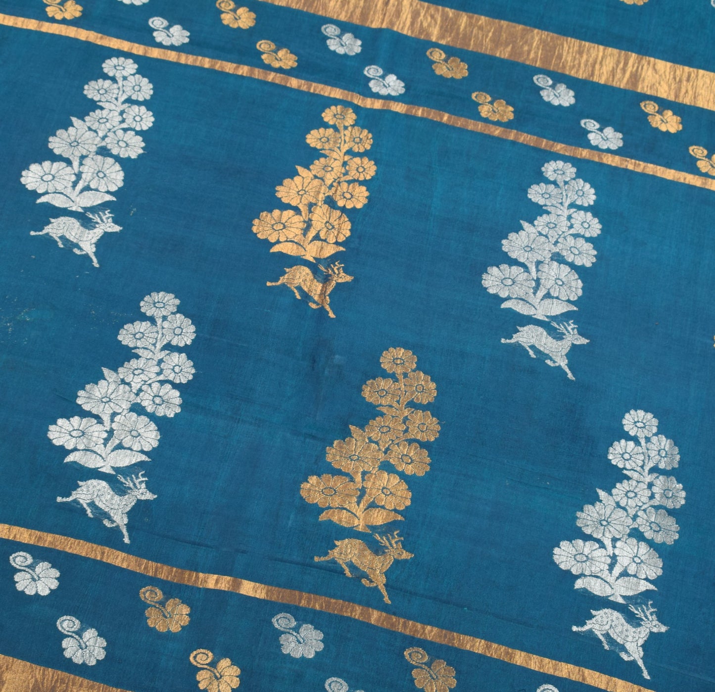 Sushila Vintage Blue Green Sari Sona Roopa Handloom Banarasi Pure Silk 6YD Saree