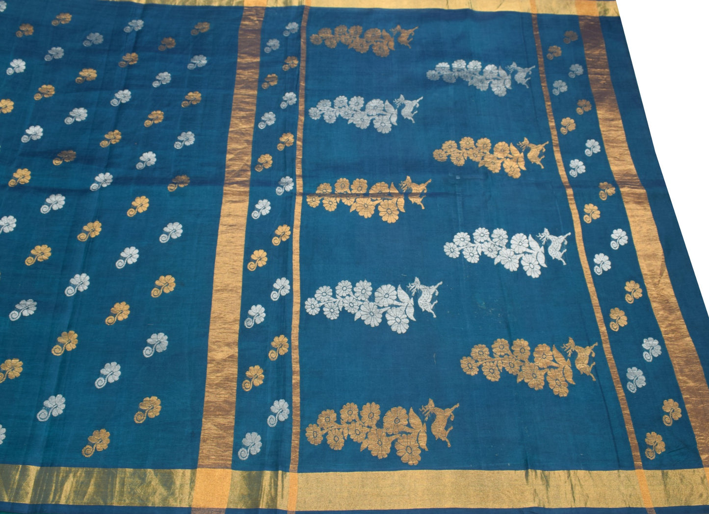 Sushila Vintage Blue Green Sari Sona Roopa Handloom Banarasi Pure Silk 6YD Saree